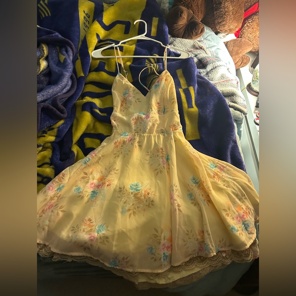 Aubree Floral Chiffon Fit and Flare Dress in Yellow - Picture 3 of 5